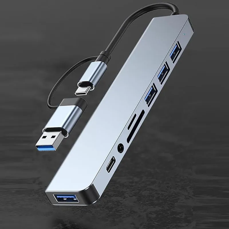 USB C 허브 USB 스플리터 8 in 1 USB 확장기 (4개 USB 포트, 1개 USBC 포트, TF/SD 카드 리더, 오디오 출력) 맥북 호환