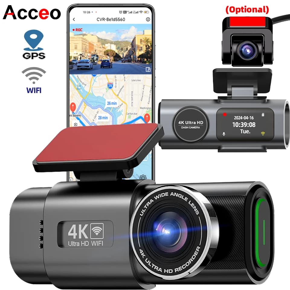 대시 캠 4K UHD 녹화 자동차 카메라 DVR 나이트 비전 비디오 레코더 내장 Wi-Fi 지원 GPS 24H 주차