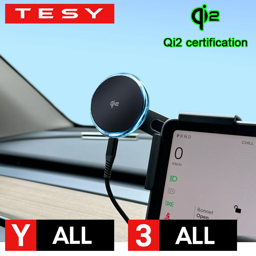 TESY Qi2 15W 마그네틱 무선 충전기 폰 홀더 스크린 마운트 테슬라 모델 YL Y 주니퍼 3 하이랜드용 MagSafe 호환