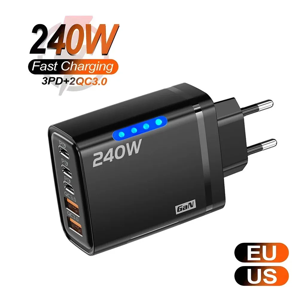 240W GaN USB C 충전기 5 in 1 고속 충전 휴대폰 충전기 전원 어댑터 (아이폰, 삼성, 샤오미 타입 C) EU/US 플러그 벽면 충전기