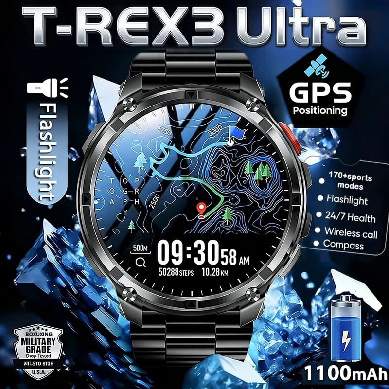 새로운 T-REX3 울트라 1100mAh 배터리 스마트워치 10ATM 방수 GPS 나침반 손전등 1.7인치 AMOLED HD 통화 스포츠 스마트워치 남성용