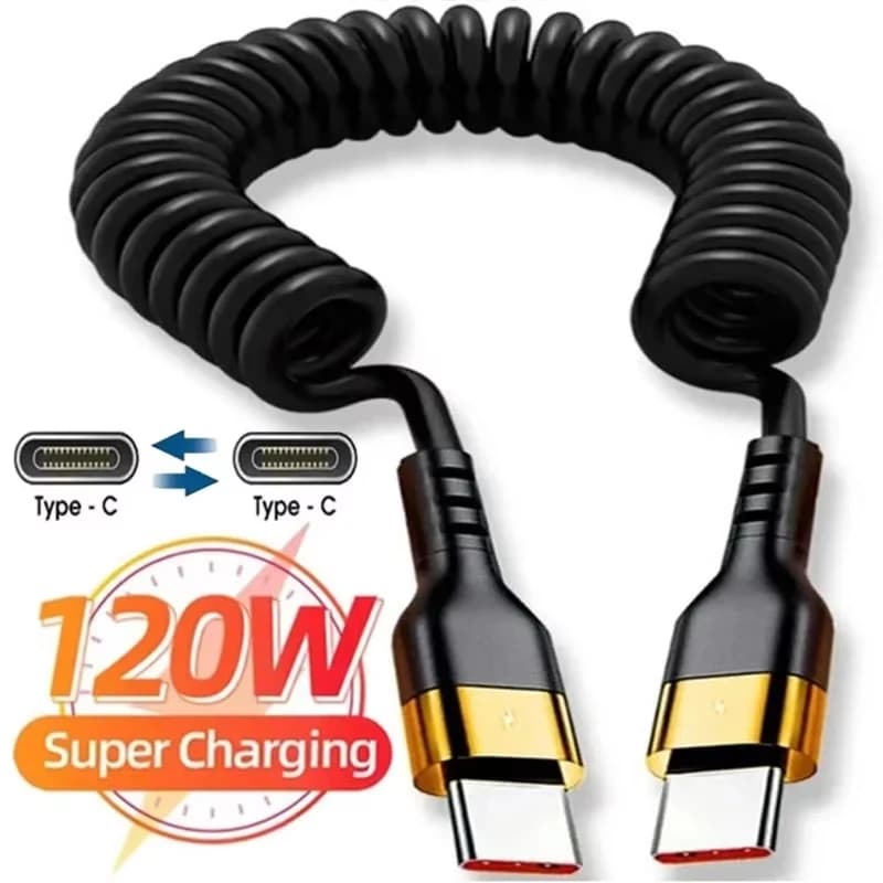 PD 120W C타입 to C타입 케이블 5A 고속 충전 USB C 스프링 차량용 충전 케이블 (아이폰 15 시리즈, 샤오미 12, 삼성 S23, 맥북 호환)