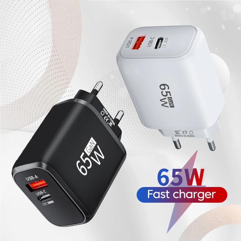 PD 65W GaN 2 in 1 EU/US 플러그 USB 충전기 듀얼 포트 USB 타입 C 고속 충전 벽면 충전기 휴대용 빠른 충전 전원 어댑터