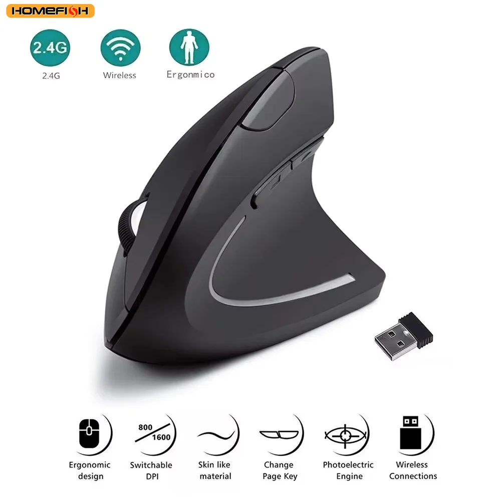 HOMEFISH 수직 마우스 인체공학적 2.4GHz 무선 광학 마우스 3 조정 가능한 DPI 800/1200/1600 노트북 PC 컴퓨터용 6 버튼