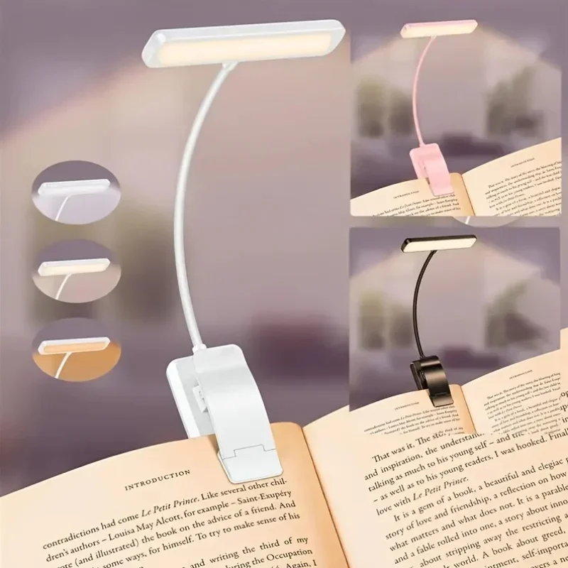 USB 충전식 책등 1개, 3가지 색상 조절 가능 LED 독서등, 클램프 포함, 눈 보호 야간 조명, 침대, 공부 책상용